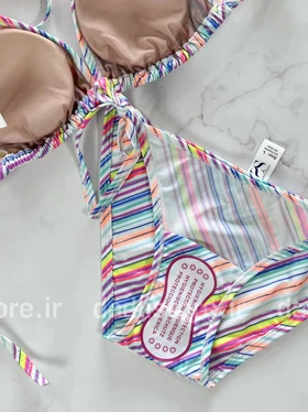 بیکینی با کاپ متحرک طرح راه راه رنگی نقره ای براق