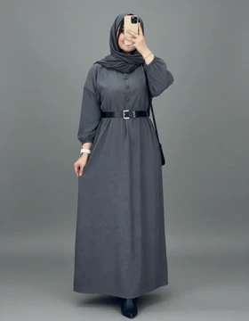 پیراهن مخمل مانتویی جلو دکمه 7308 (طوسی)