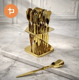 قاشق دسر خوری 12 عددی استند دار طلایی