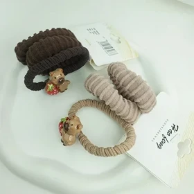 کش مو دخترانه پشمی با عروسک خرسی فانتزی – ست 3 تایی