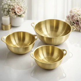 کاسه استیل دو دسته گرد و گود طلایی