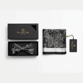 ست پاپیون و پوشت طرح فلورال مشکی نقره ای برند Massimo Dutti