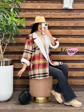 پالتو چهارخونه یقه خز
