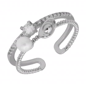 انگشتر زنانه طرح اشکی مروارید و نگین (نقره‌ای)