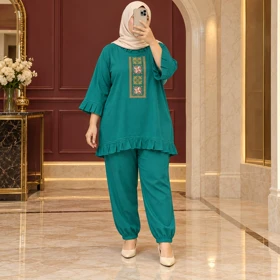 ست بلوز و شلوار نخ لینن گلدوزی شده کد 6091