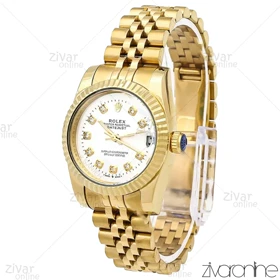 ساعت رولکس دیت جاست زنانه طلایی صفحه نقره ای نگین‌دار مدیوم 106302