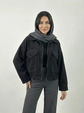 کت زنانه فوتر کوتاه رنگ مشکی دو جیب کد (8730)