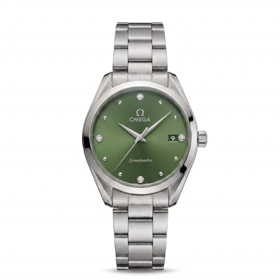 ساعت مچی زنانه امگا SPEEDMASTER مدل OMEGA-5963 نگین‌دار صفحه سبز یشمی بند استیل نقره‌ای