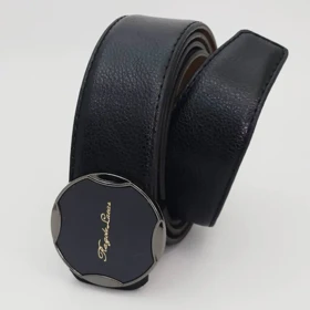 کمربند مردانه چرم مصنوعی (فوم) دور دوخت با سگک استیل شیشه‌ای کد 30609س (مشکی سگک مشکی رگال)