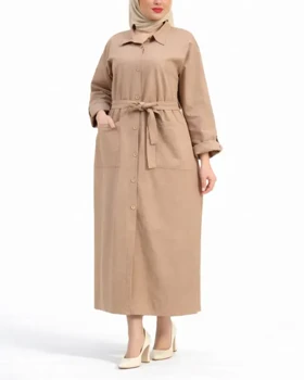 پیراهن مانتویی جلو دکمه آستین پاکتی 6958 (قهوه ای)