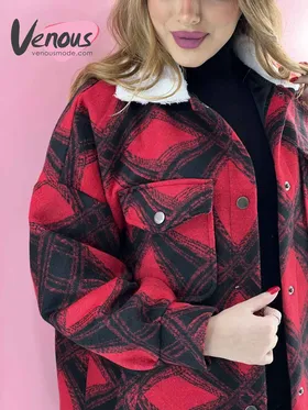 پالتو چهارخونه یقه خزدار