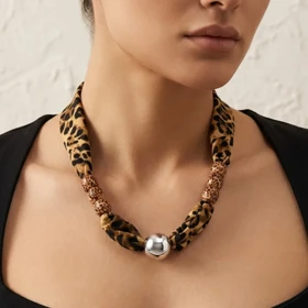 گردنبند زنانه مدل لئوسیلوا طرح پلنگی لوکس با گوی نقره‌ای براق و مهره‌های طرح دار