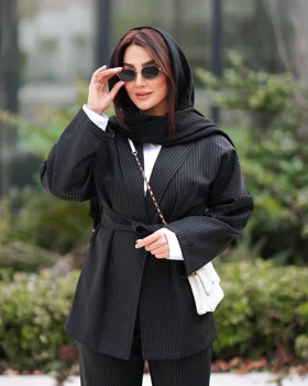 ست کت شلوار یقه آرشال کمربند دار و بگ راسته