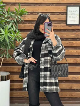 پالتو چهارخونه جیب پاکتی داخل خز