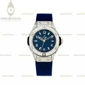 ساعت مچی اوبلو بند سرمه ای قاب سیلور فول نگین Hublot Classic Fusion