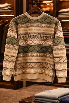 پلیور بافتنی وینتیج رنگ سبز و کرم طرح سنتی ایرانی فوقالعاده شیک باکسی