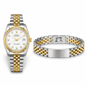 پکیج ساعت رولکس مردانه مدل Date Just-طلایی + دستبند Rolex مدل Date Just