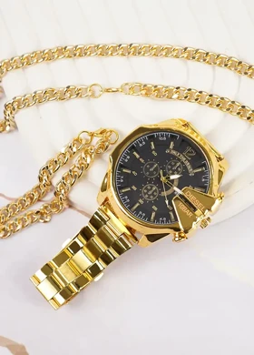 ست ساعت مچی مردانه طلایی صفحه مشکی مدل U700 + دستبند و گردنبند کارتیه رنگ طلایی