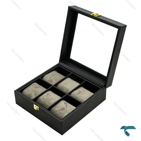 جعبه ساعت 6 تایی چرمی مشکی طوسی Watches-Box-6-7813-U