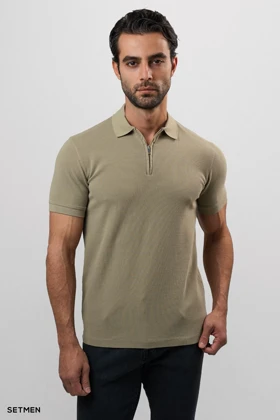 تیشرت یقه نیم زیپ سوزنی ساده