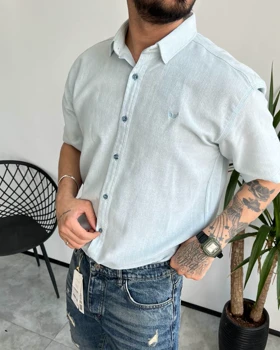 پیراهن پارچه پنبه‌ای آستین کوتاه رنگ ابی