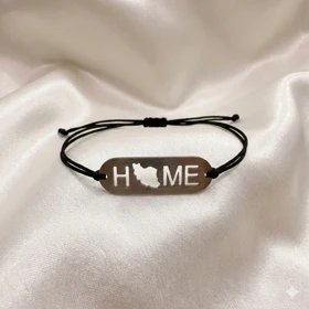 دستبند استیل مدل «HOME - ایران» | بند بافت مشکی با پلاک نقره‌ای