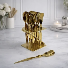 قاشق دسر خوری 12 عددی استند دار طلایی