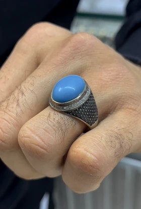 انگشتر نقره مردانه فیروزه با رکاب سیاه قلم