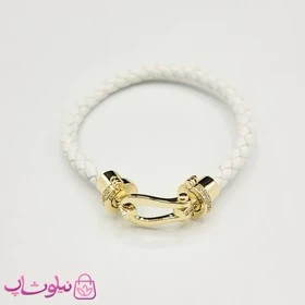 دستبند زنانه برند فرد Fred مدل چرم سفید با قفل طلایی نگین‌دار استیل کیفیت مستر کد 680
