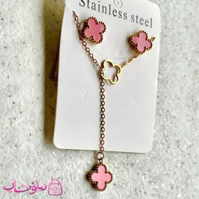 ست گردنبند آویز و گوشواره میخی زنانه مدل ونکلیف صورتی کد 1792