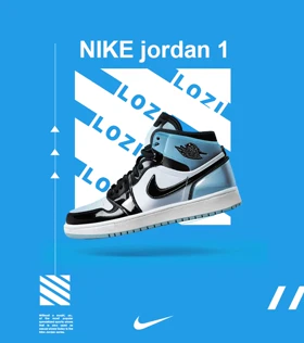 کفش کتانی ساق‌دار مردانه و زنانه آبی سفید مشکی ورنی NIKE jordan 1