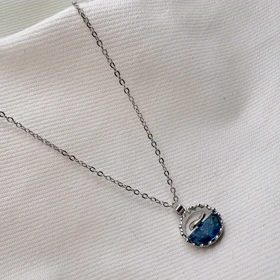 گردنبند استیل طرح «وال و دریا» | پلاک دایره‌ای با رزین آبی شفاف