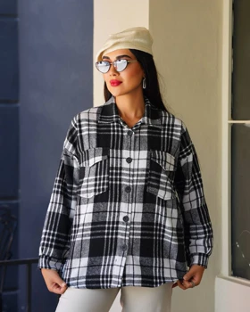 شکت پشمی چهارخانه زنانه مدل 2 جیب قد 70