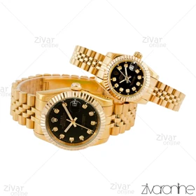 ست ساعت رولکس دیت جاست طلایی صفحه مشکی نگین‌دار 104526