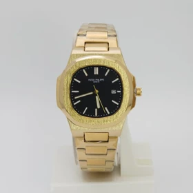 ساعت مچی مردانه پتک فیلیپ ناتیلوس Patek Philippe Nautlus طرح اتوماتیک موتور نما (بند طلایی صفحه مشکی)