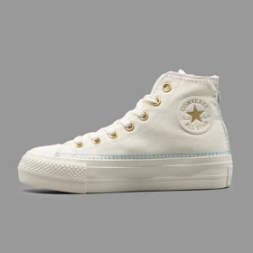 کانورس پلتفرم سفید طلایی گلدوزی ساق‌دار Converse Platform White Gold Embroidery Hightop