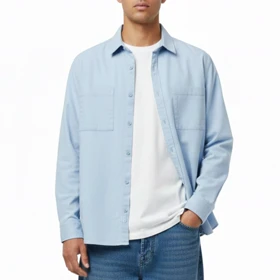 پیراهن کتان مردانه دوجیب، آبی باکسی، گرم دار استایل مینیمال 1404