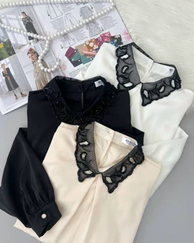 شومیز ساتن با یقه ی منجوق دوزی کد 4791