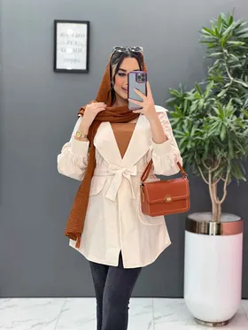 مانتو لینن آستین پفی جیب پفکی