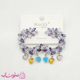 گوشواره دخترانه مجلسی با کریستال بنفش سفید و آویز قلب رنگی