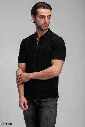 تیشرت یقه دارنیم زیپ بافت