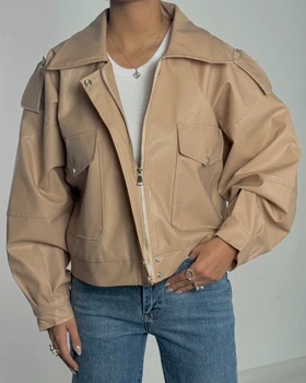 کت چرم جیب پاکتی کد 100138 (کرم)