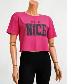 کراپ نخ پنبه یقه گرد آستین کوتاه چاپ nice کد1798 (سرخابی)