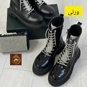 نیم بوت زنانه نگینی بندی چرم و ورنی