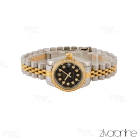 ساعت رولکس دیت جاست زنانه دورنگ طلایی دور نگین صفحه مشکی 105403