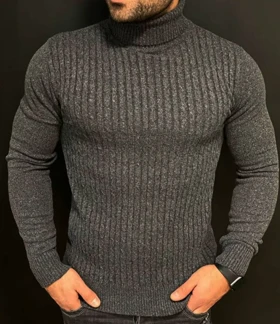 پلیور یقه اسکی فول کش میله ای ذغالی / فری سایز مناسب برای L و XL