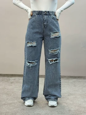 شلوار نیم بگ جین زاپدار آبی ام کی