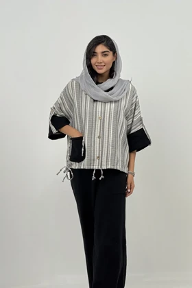 ست شومیز و شلوار راه راه دکمه چوبی (مشکی)