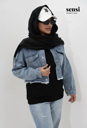 کت جین جیب بزرگ پایین ریش ابی روشن