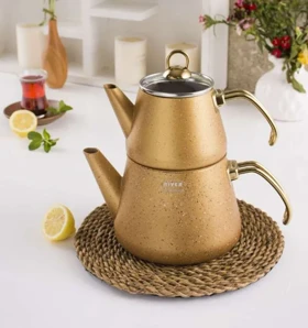 قوری کتری گرانیتی مدل ترک رنگ طلایی